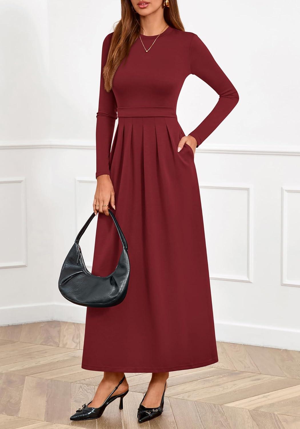 imageBTFBM Long Sleeve Dress for Women Spring Clothes 2026 Pockets Business Casual Pleated Fall Wedding Guest DressesBurgundy