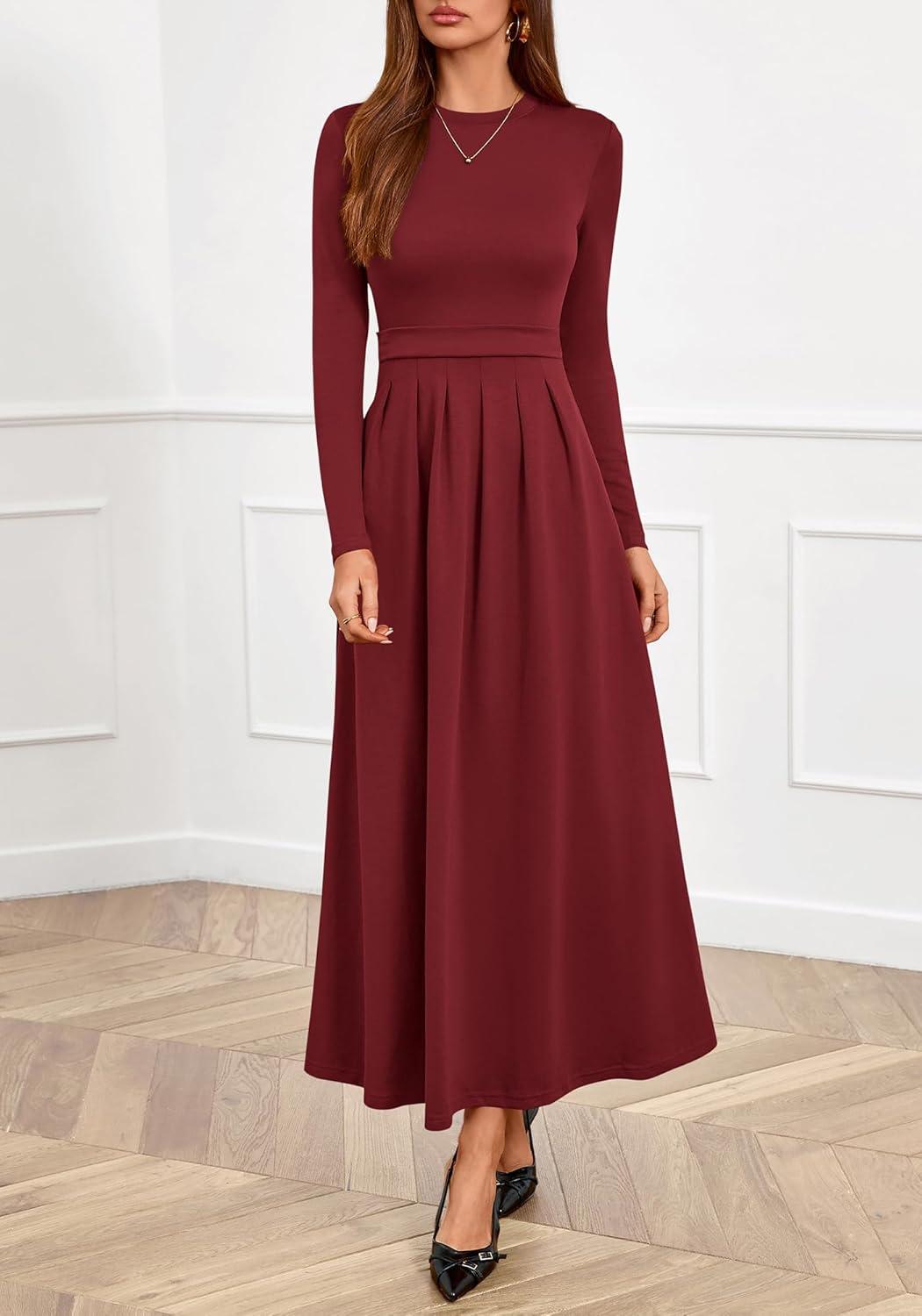 imageBTFBM Long Sleeve Dress for Women Spring Clothes 2026 Pockets Business Casual Pleated Fall Wedding Guest DressesBurgundy