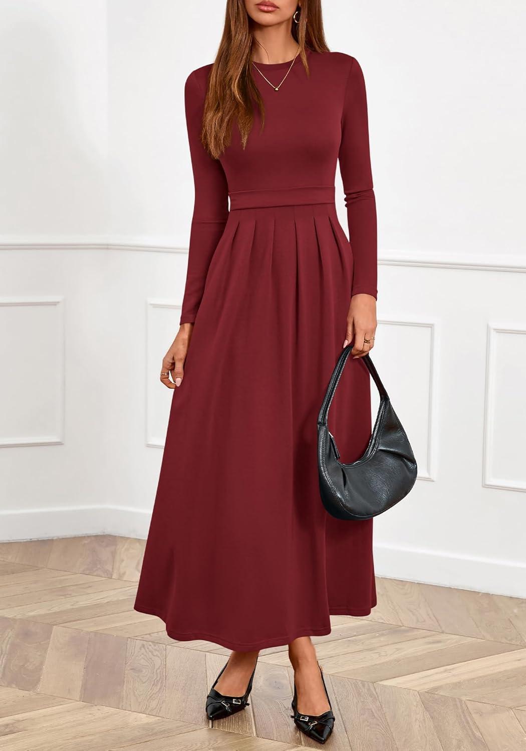 imageBTFBM Long Sleeve Dress for Women Spring Clothes 2026 Pockets Business Casual Pleated Fall Wedding Guest DressesBurgundy