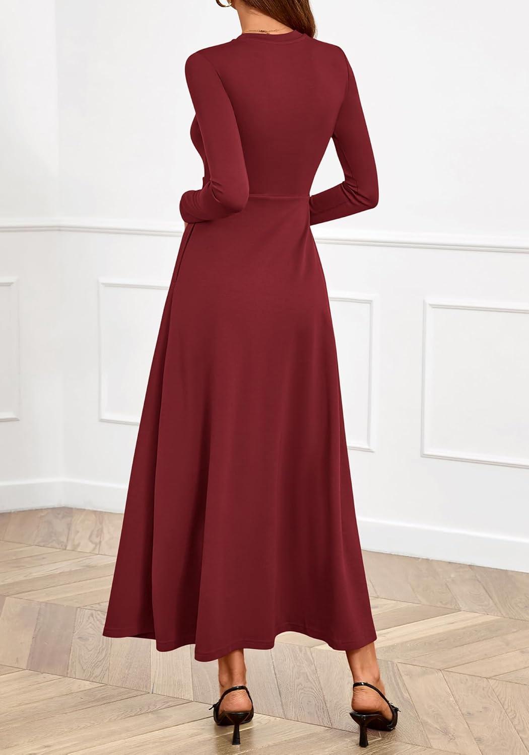 imageBTFBM Long Sleeve Dress for Women Spring Clothes 2026 Pockets Business Casual Pleated Fall Wedding Guest DressesBurgundy