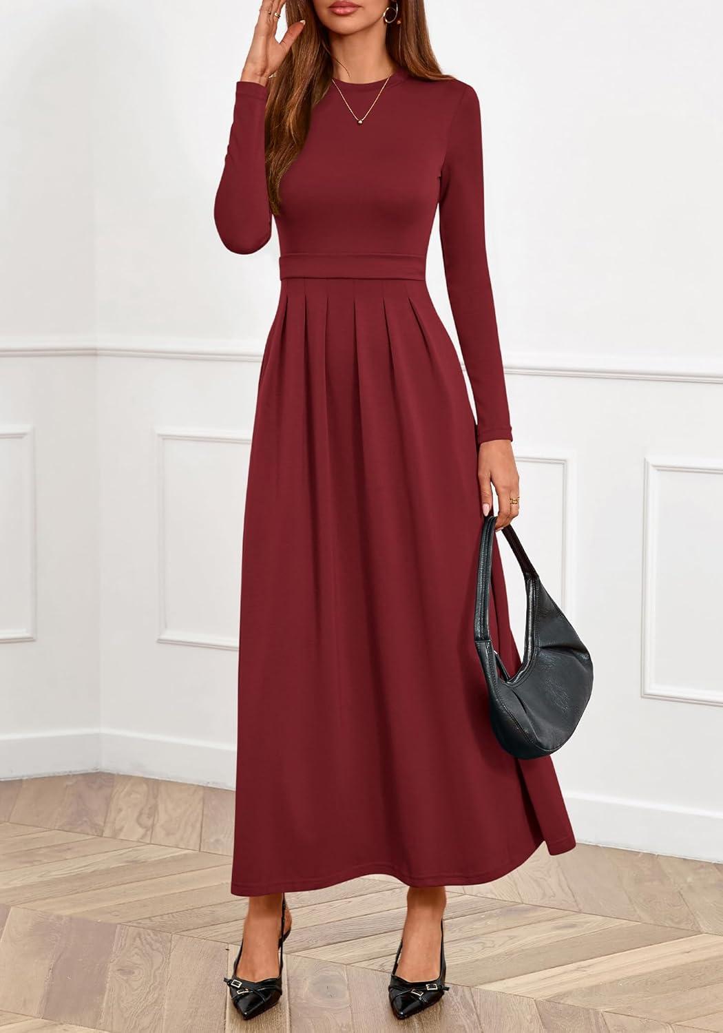 imageBTFBM Long Sleeve Dress for Women Spring Clothes 2026 Pockets Business Casual Pleated Fall Wedding Guest DressesBurgundy