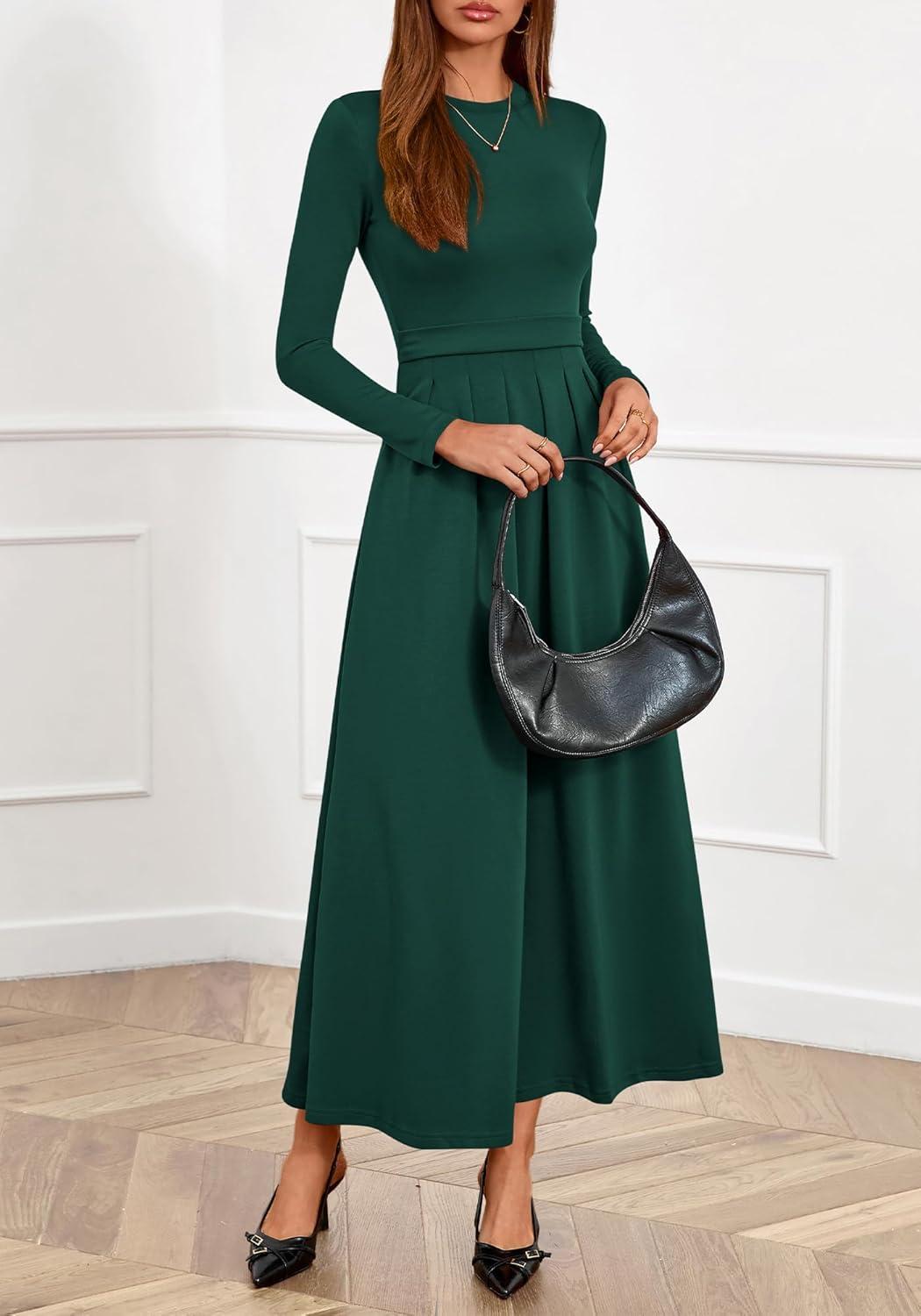 imageBTFBM Long Sleeve Dress for Women Spring Clothes 2026 Pockets Business Casual Pleated Fall Wedding Guest DressesDark Green
