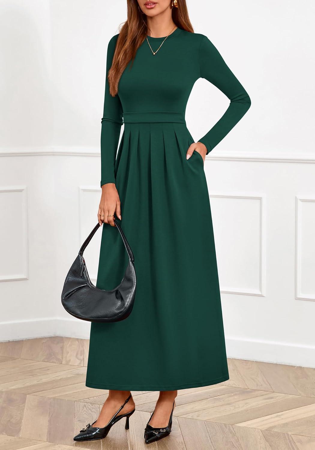 imageBTFBM Long Sleeve Dress for Women Spring Clothes 2026 Pockets Business Casual Pleated Fall Wedding Guest DressesDark Green