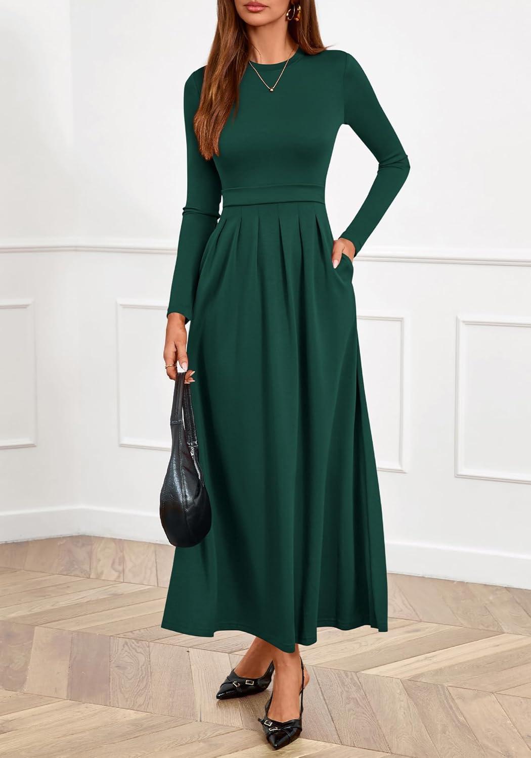 imageBTFBM Long Sleeve Dress for Women Spring Clothes 2026 Pockets Business Casual Pleated Fall Wedding Guest DressesDark Green