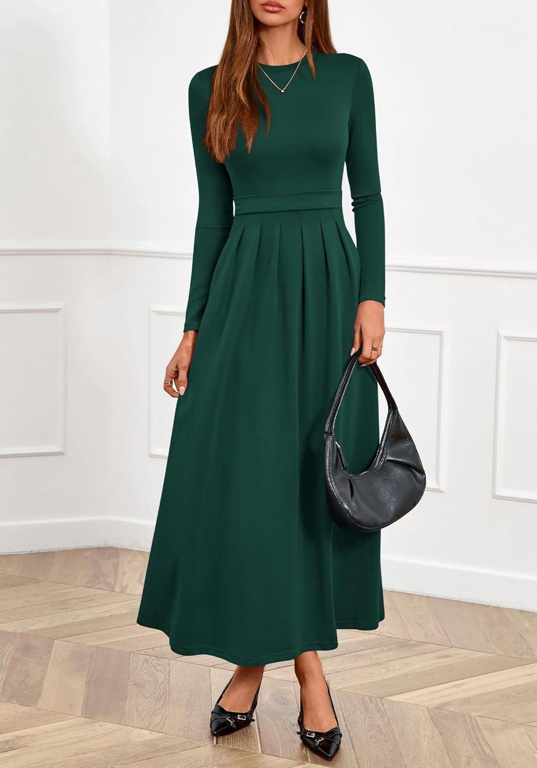 imageBTFBM Long Sleeve Dress for Women Spring Clothes 2026 Pockets Business Casual Pleated Fall Wedding Guest DressesDark Green