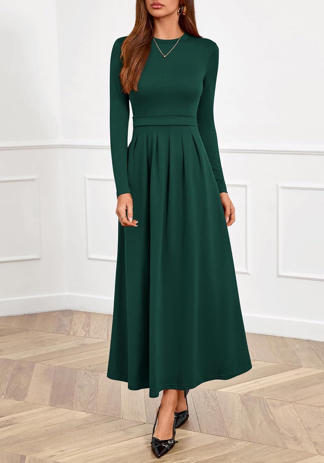 imageBTFBM Long Sleeve Dress for Women Spring Clothes 2026 Pockets Business Casual Pleated Fall Wedding Guest DressesDark Green