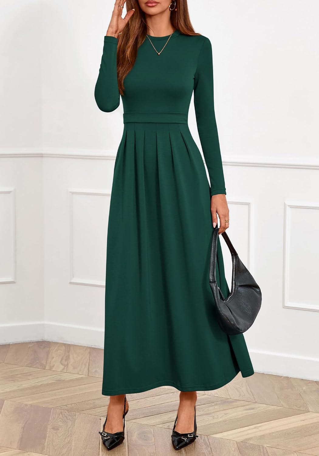 imageBTFBM Long Sleeve Dress for Women Spring Clothes 2026 Pockets Business Casual Pleated Fall Wedding Guest DressesDark Green