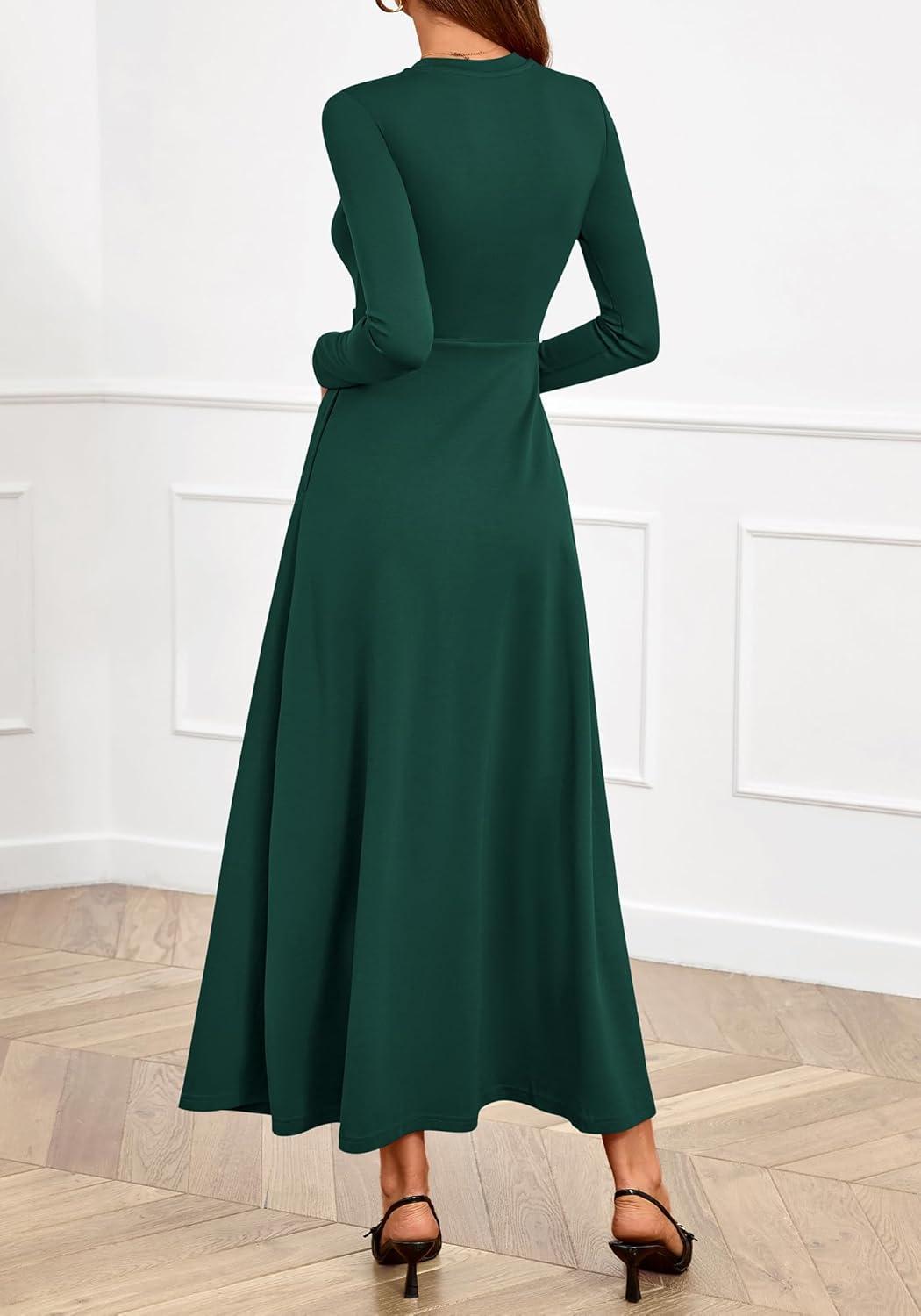 imageBTFBM Long Sleeve Dress for Women Spring Clothes 2026 Pockets Business Casual Pleated Fall Wedding Guest DressesDark Green