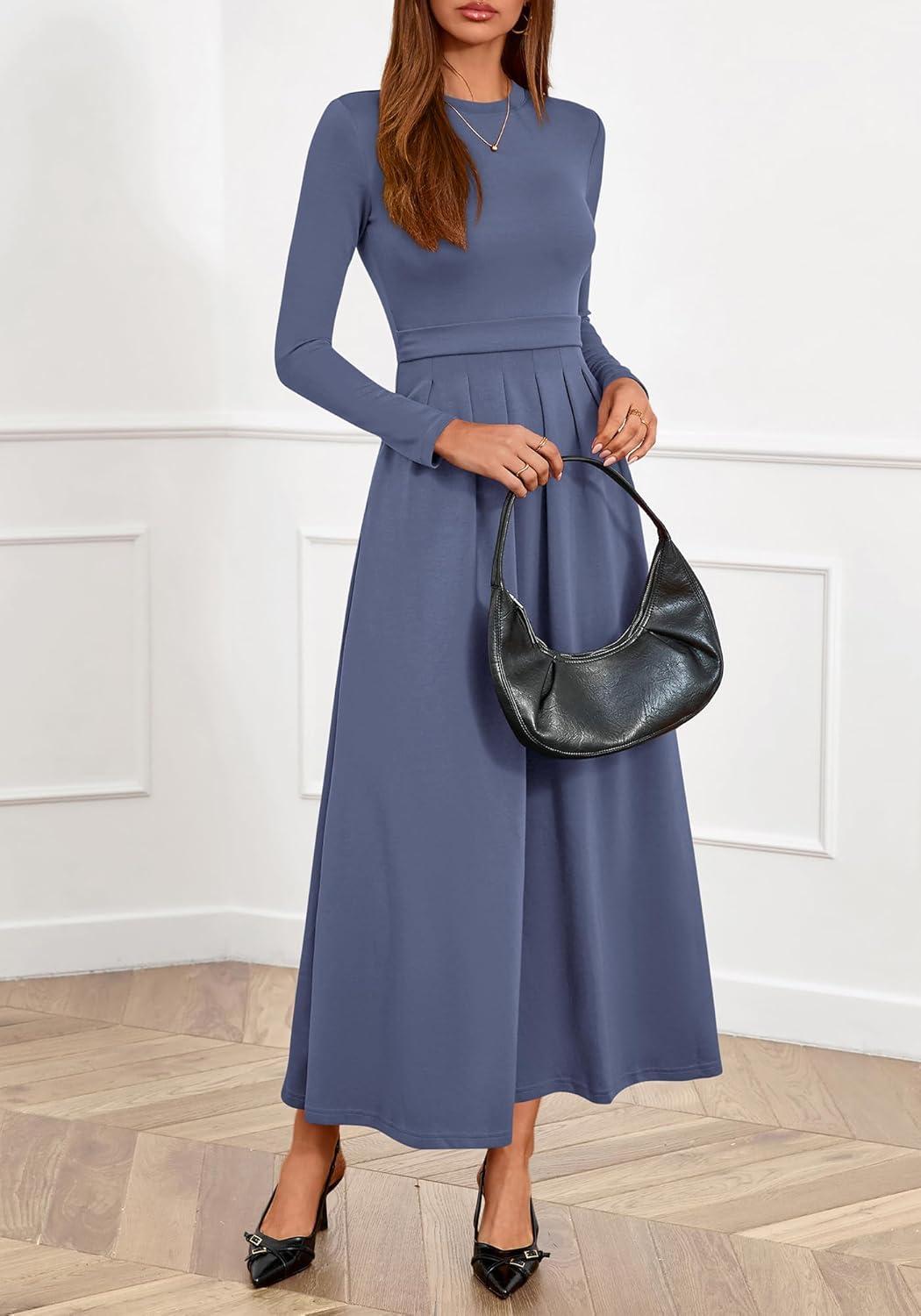 imageBTFBM Long Sleeve Dress for Women Spring Clothes 2026 Pockets Business Casual Pleated Fall Wedding Guest DressesGrey Blue