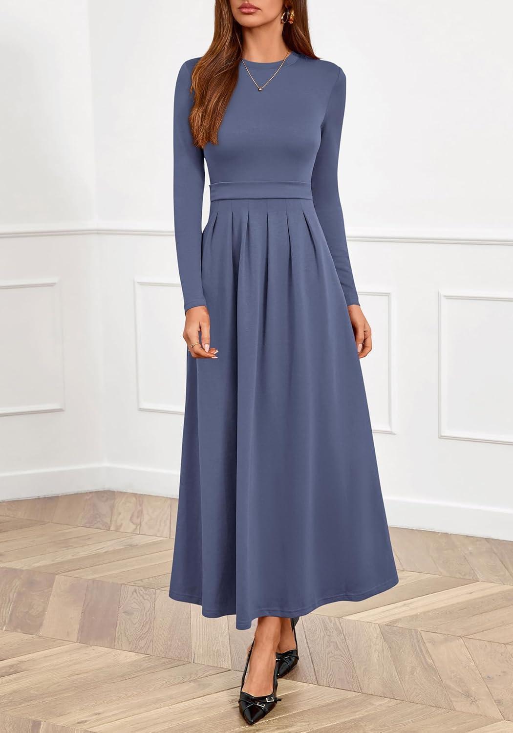 imageBTFBM Long Sleeve Dress for Women Spring Clothes 2026 Pockets Business Casual Pleated Fall Wedding Guest DressesGrey Blue
