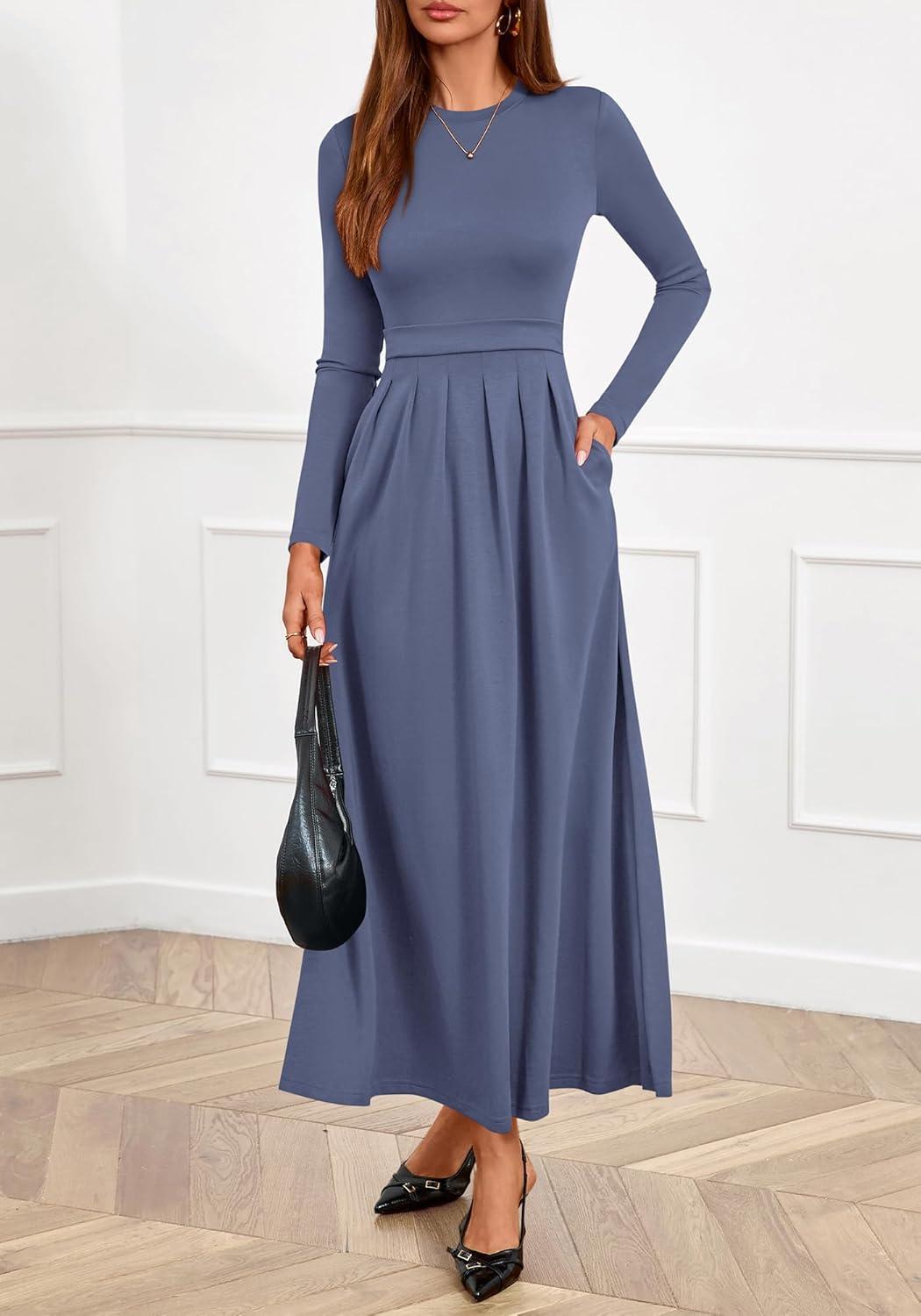 imageBTFBM Long Sleeve Dress for Women Spring Clothes 2026 Pockets Business Casual Pleated Fall Wedding Guest DressesGrey Blue