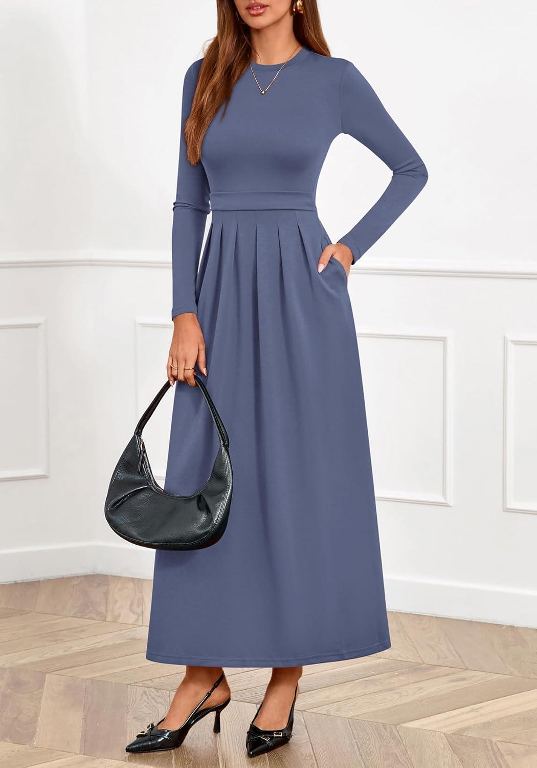 imageBTFBM Long Sleeve Dress for Women Spring Clothes 2026 Pockets Business Casual Pleated Fall Wedding Guest DressesGrey Blue