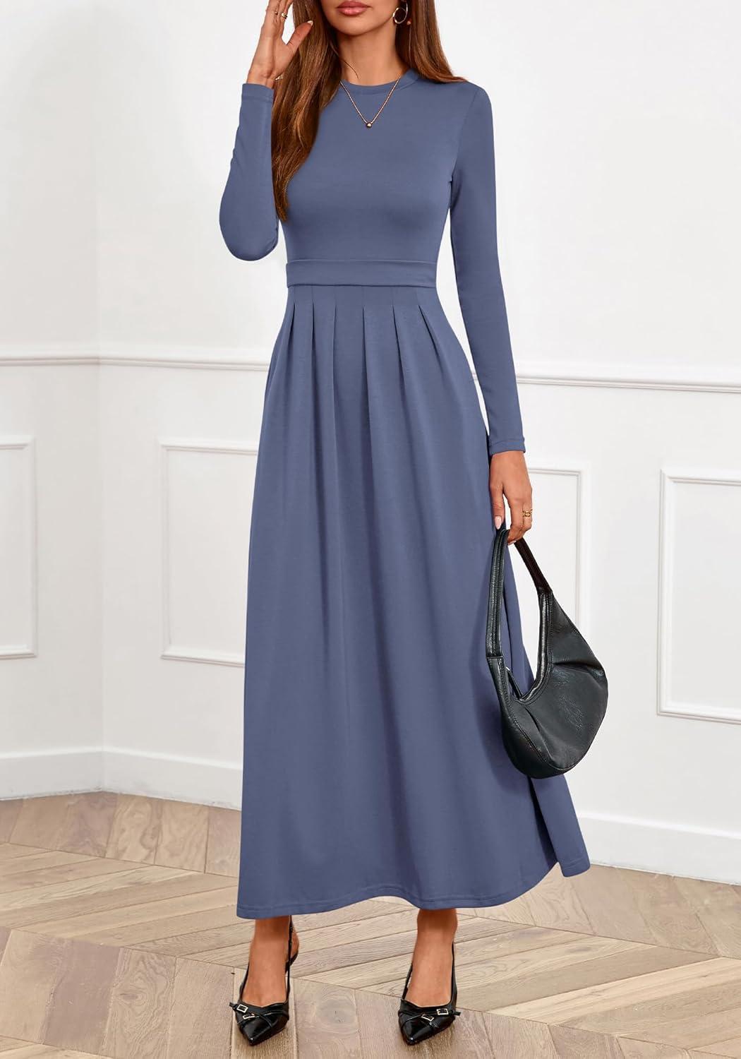 imageBTFBM Long Sleeve Dress for Women Spring Clothes 2026 Pockets Business Casual Pleated Fall Wedding Guest DressesGrey Blue