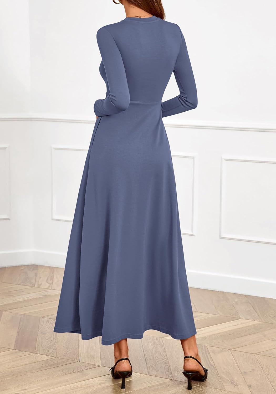 imageBTFBM Long Sleeve Dress for Women Spring Clothes 2026 Pockets Business Casual Pleated Fall Wedding Guest DressesGrey Blue