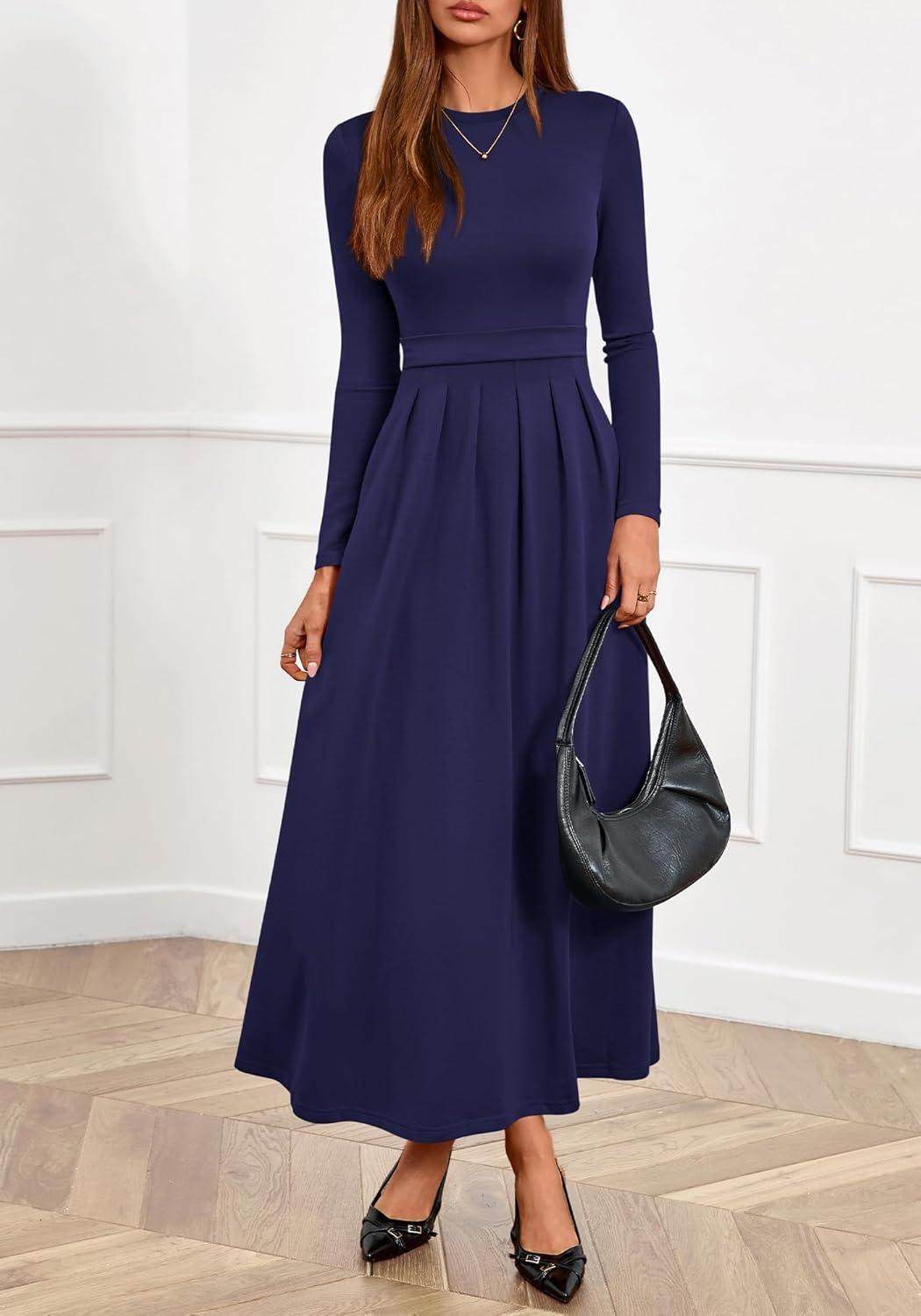 imageBTFBM Long Sleeve Dress for Women Spring Clothes 2026 Pockets Business Casual Pleated Fall Wedding Guest DressesNavy Blue