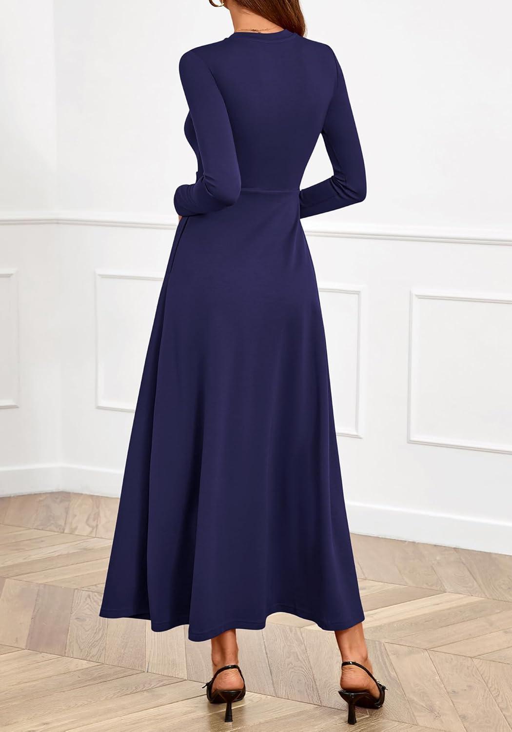imageBTFBM Long Sleeve Dress for Women Spring Clothes 2026 Pockets Business Casual Pleated Fall Wedding Guest DressesNavy Blue