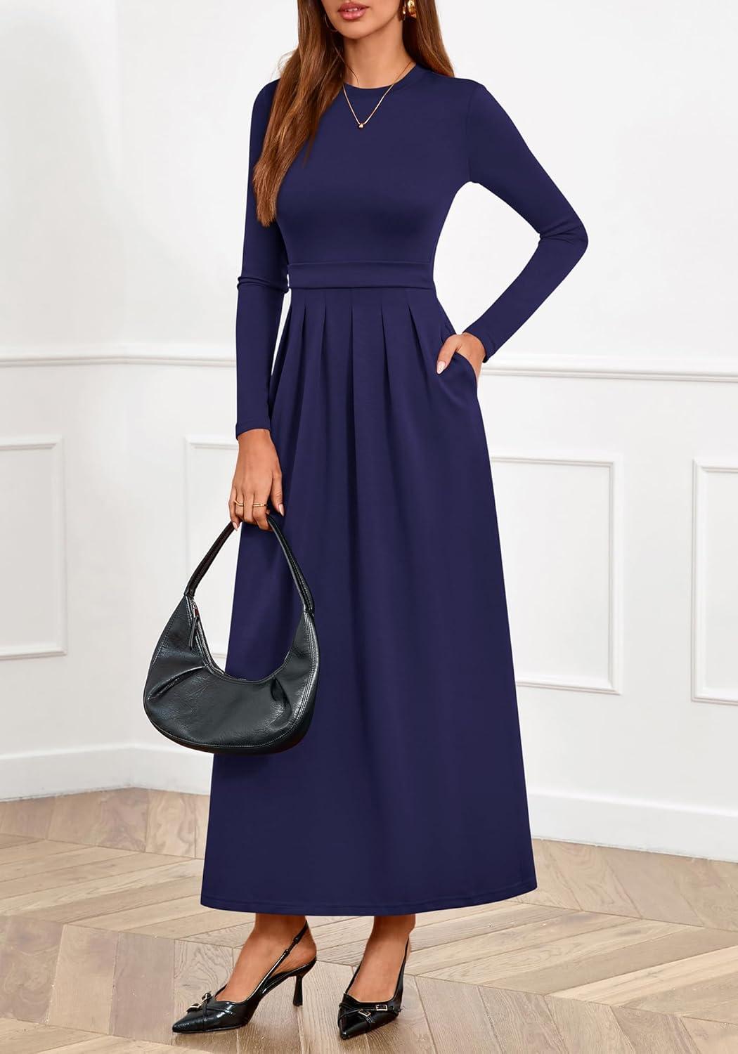 imageBTFBM Long Sleeve Dress for Women Spring Clothes 2026 Pockets Business Casual Pleated Fall Wedding Guest DressesNavy Blue