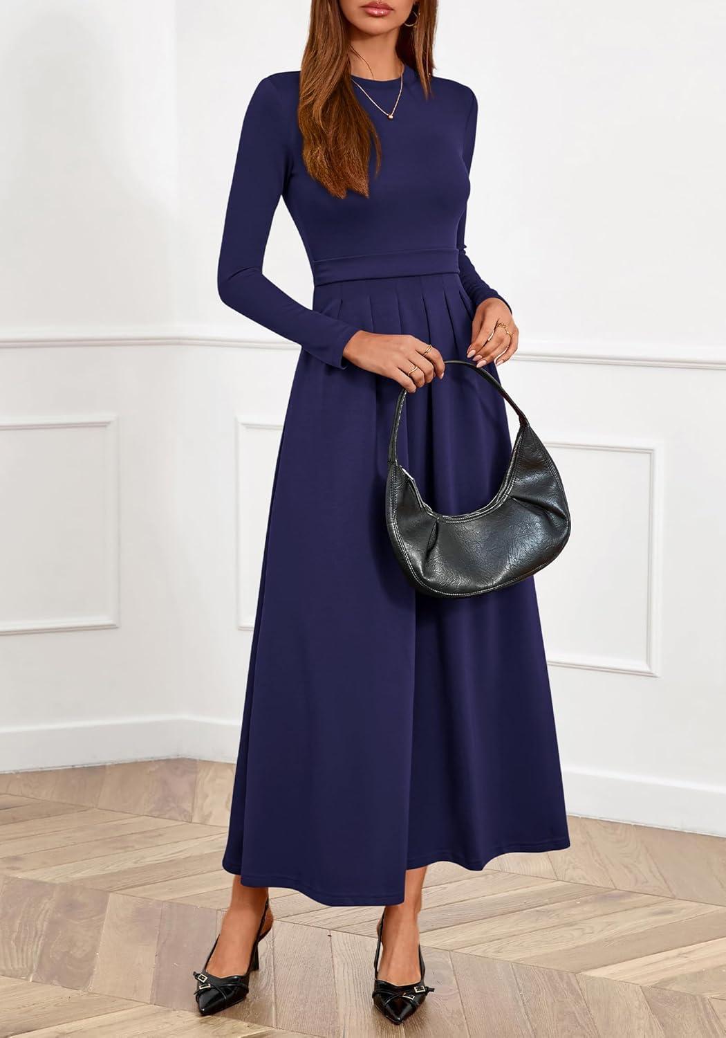 imageBTFBM Long Sleeve Dress for Women Spring Clothes 2026 Pockets Business Casual Pleated Fall Wedding Guest DressesNavy Blue