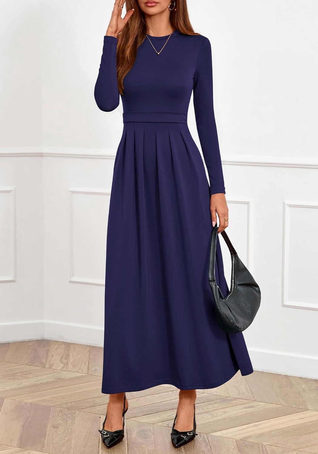 imageBTFBM Long Sleeve Dress for Women Spring Clothes 2026 Pockets Business Casual Pleated Fall Wedding Guest DressesNavy Blue