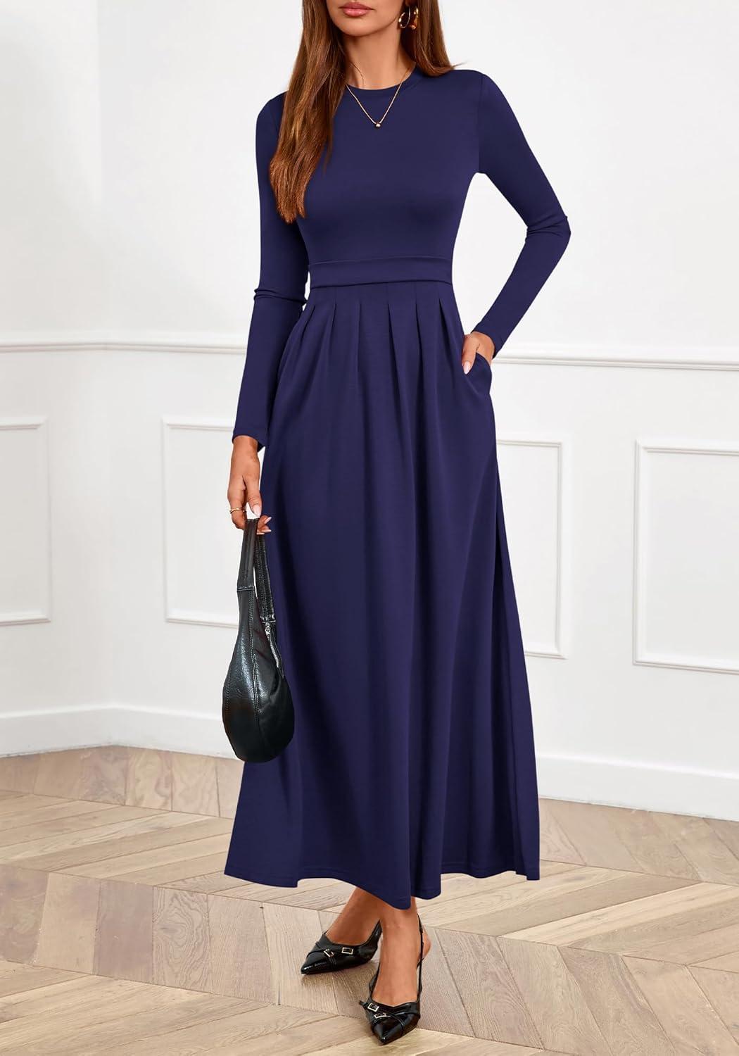 imageBTFBM Long Sleeve Dress for Women Spring Clothes 2026 Pockets Business Casual Pleated Fall Wedding Guest DressesNavy Blue