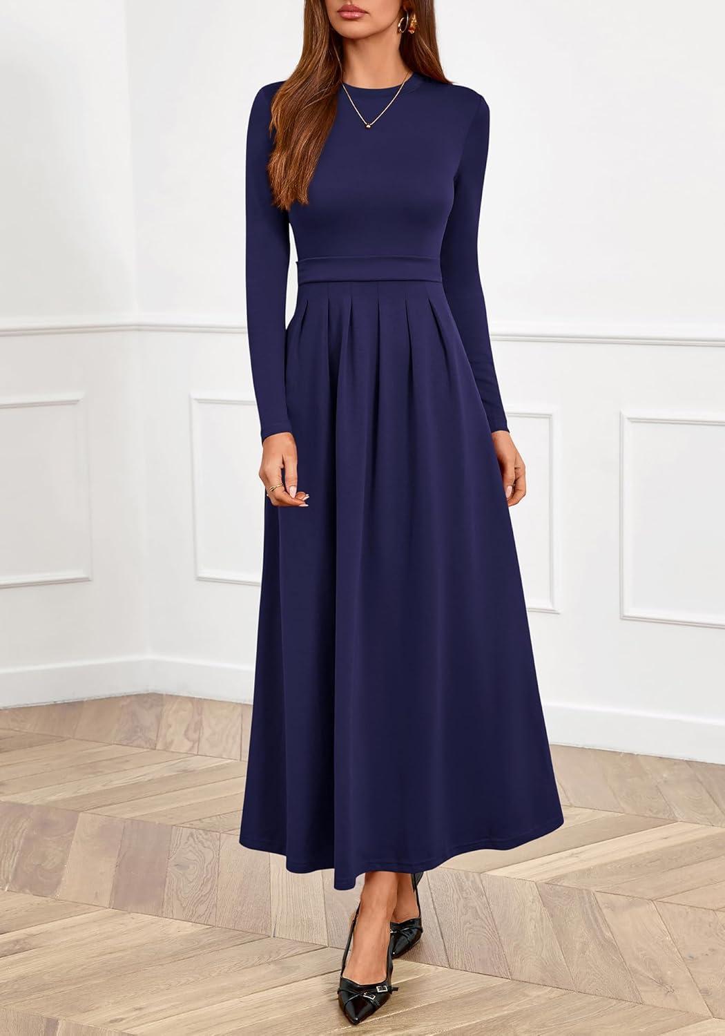 imageBTFBM Long Sleeve Dress for Women Spring Clothes 2026 Pockets Business Casual Pleated Fall Wedding Guest DressesNavy Blue