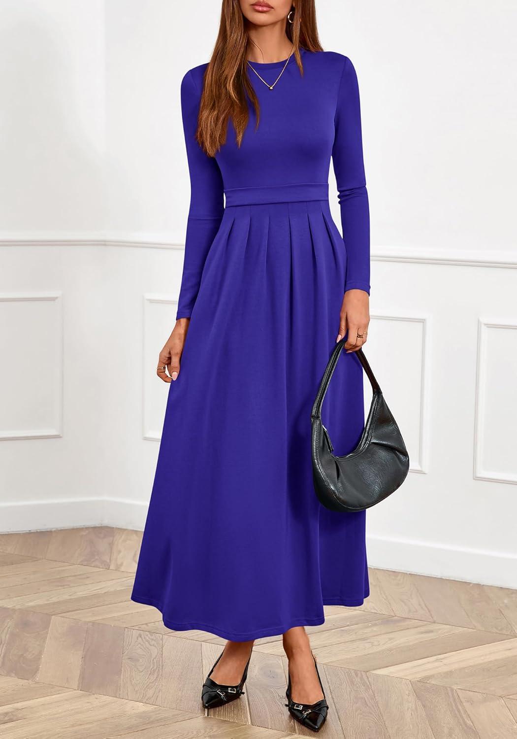 imageBTFBM Long Sleeve Dress for Women Spring Clothes 2026 Pockets Business Casual Pleated Fall Wedding Guest DressesRoyal Blue