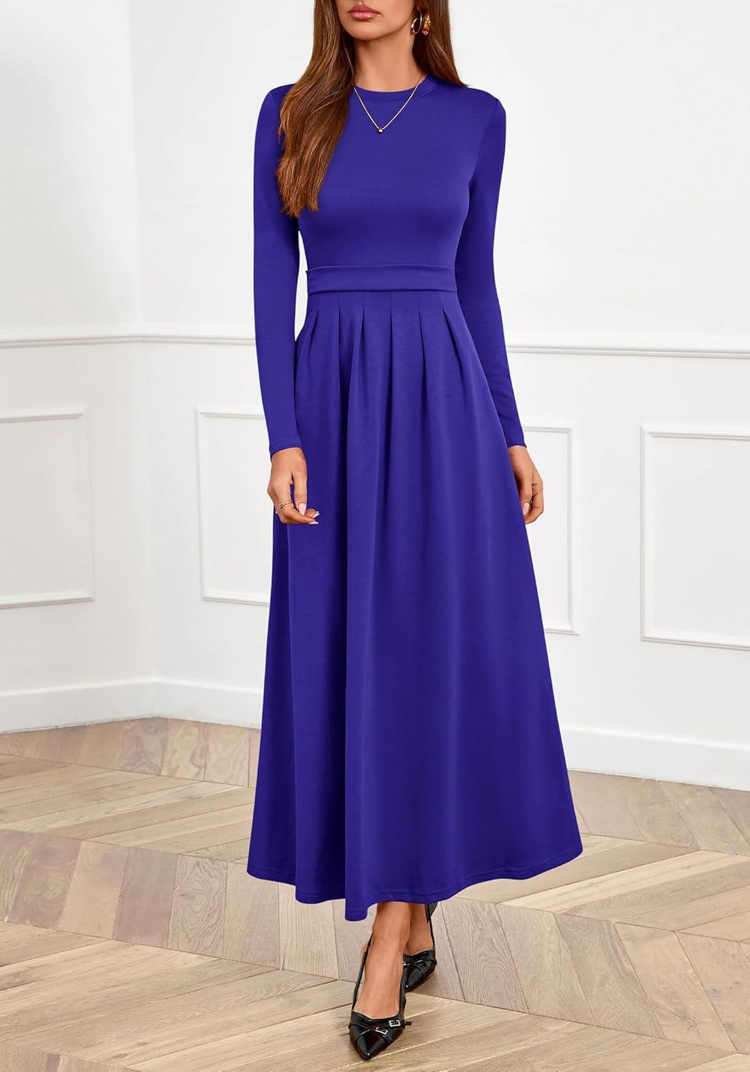 imageBTFBM Long Sleeve Dress for Women Spring Clothes 2026 Pockets Business Casual Pleated Fall Wedding Guest DressesRoyal Blue