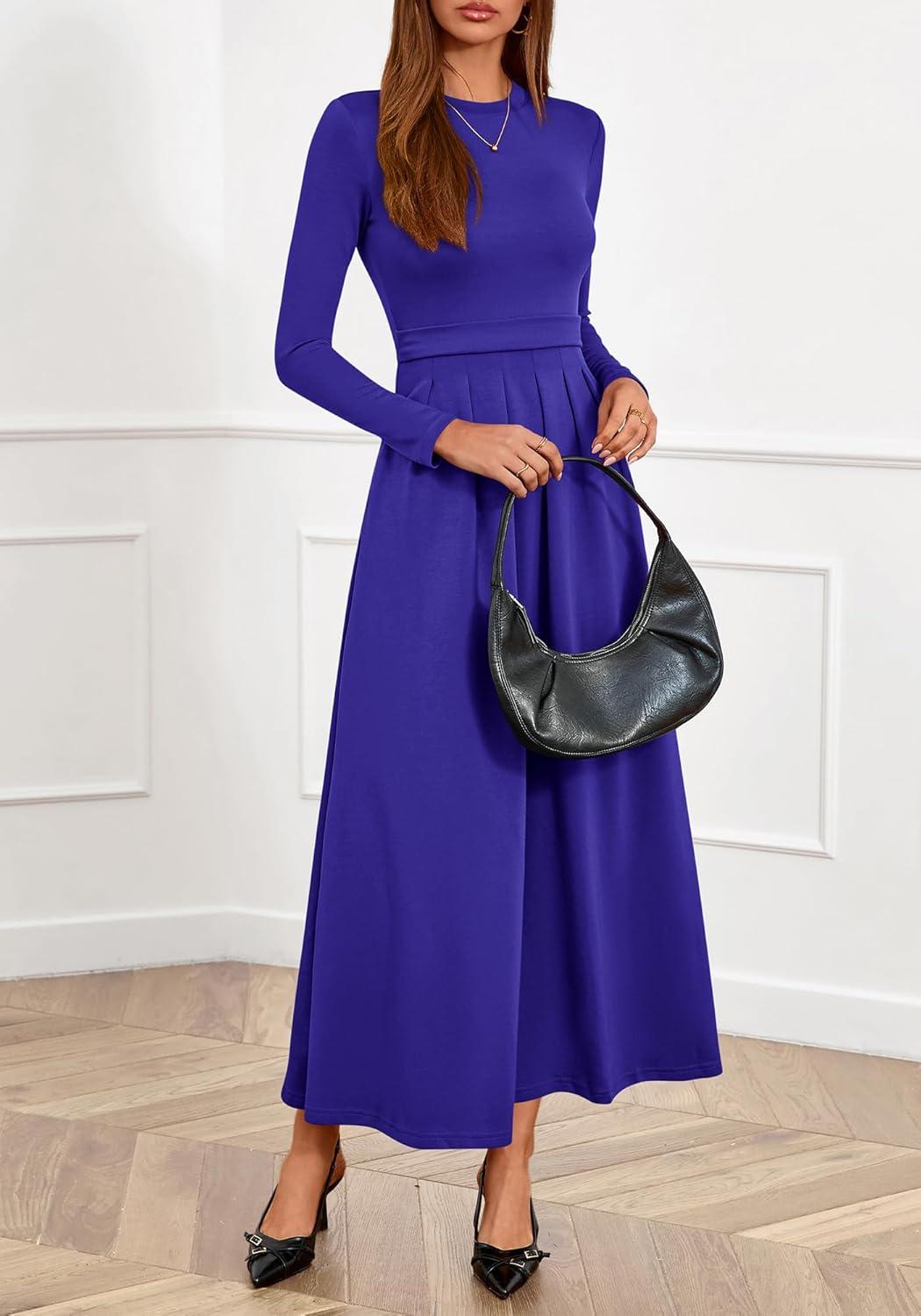imageBTFBM Long Sleeve Dress for Women Spring Clothes 2026 Pockets Business Casual Pleated Fall Wedding Guest DressesRoyal Blue