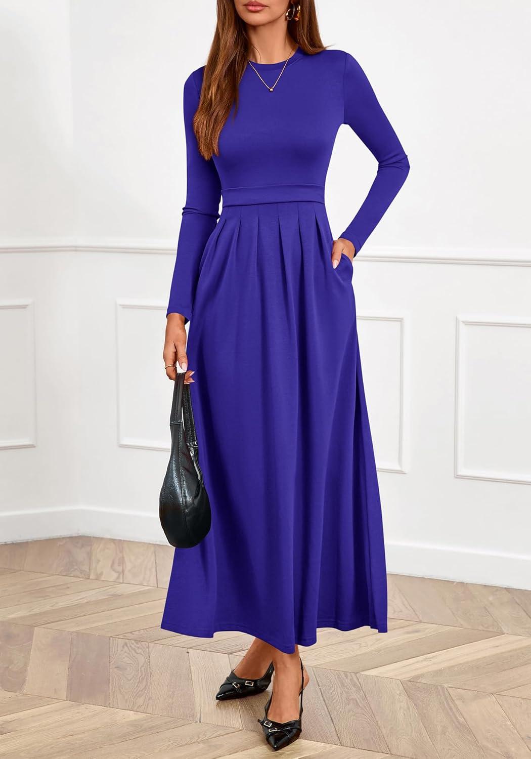 imageBTFBM Long Sleeve Dress for Women Spring Clothes 2026 Pockets Business Casual Pleated Fall Wedding Guest DressesRoyal Blue
