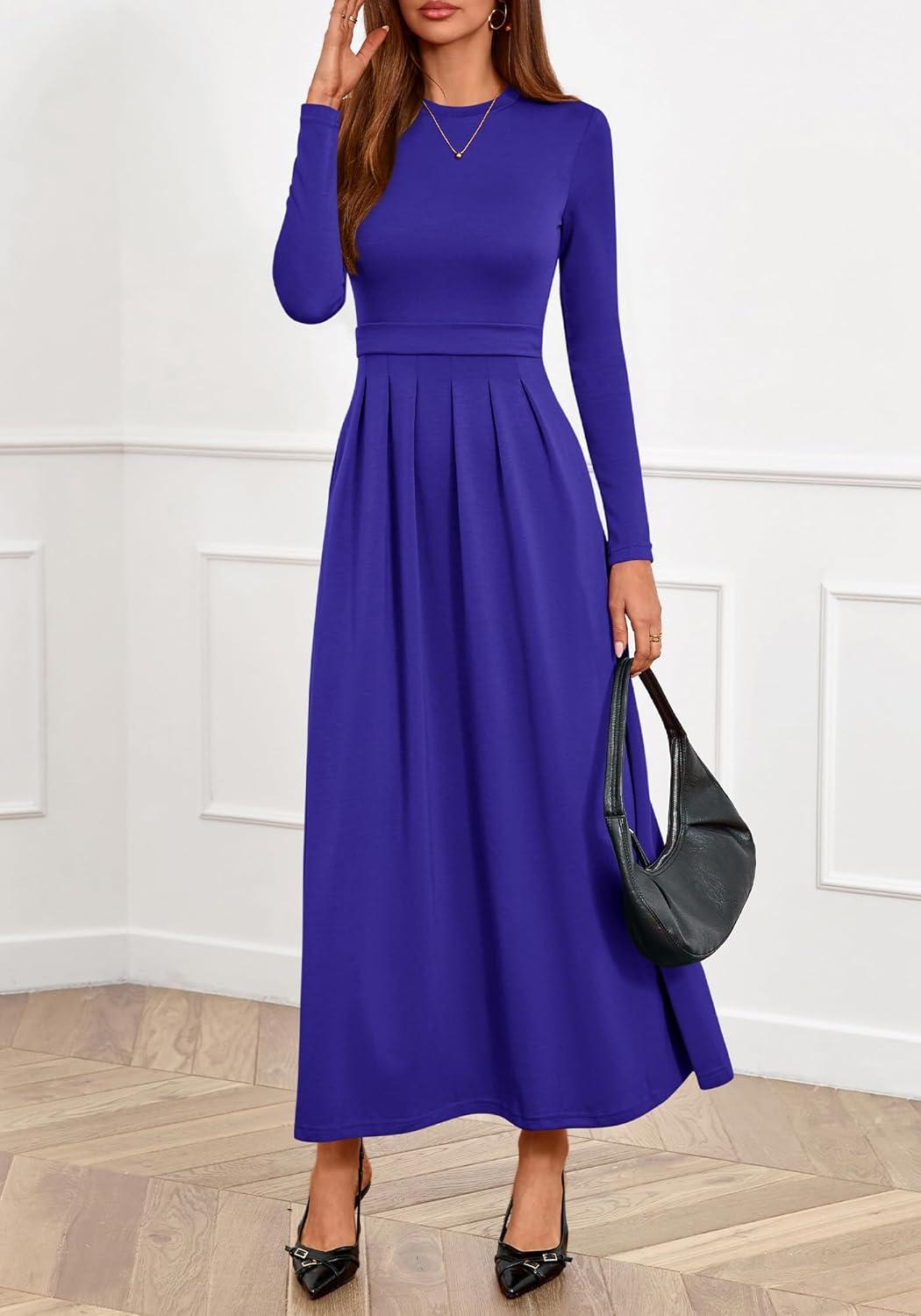 imageBTFBM Long Sleeve Dress for Women Spring Clothes 2026 Pockets Business Casual Pleated Fall Wedding Guest DressesRoyal Blue