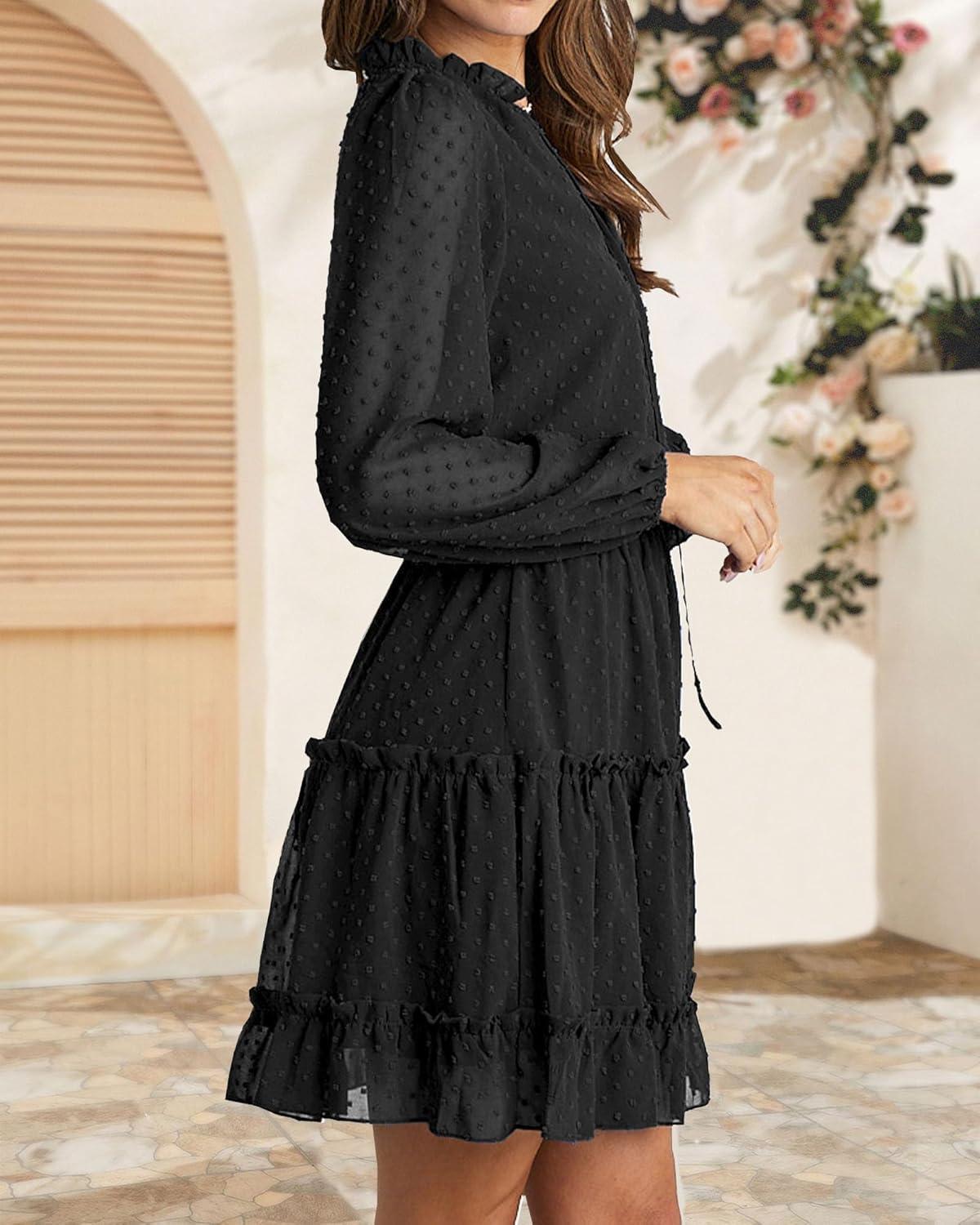 imageBTFBM Long Sleeve Fall Dresses for Women 2025 Summer Casual Tie Neck Ruffle Tiered A Line Wedding Guest Short Mini DressDot Black