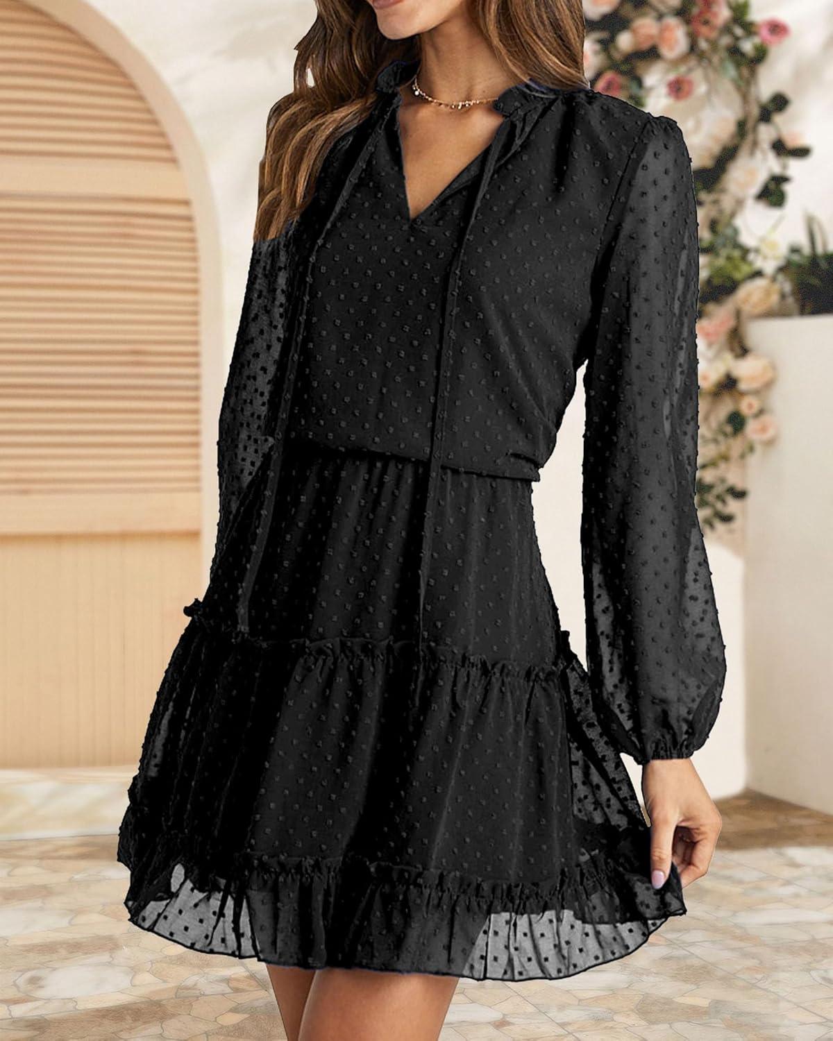 imageBTFBM Long Sleeve Fall Dresses for Women 2025 Summer Casual Tie Neck Ruffle Tiered A Line Wedding Guest Short Mini DressDot Black