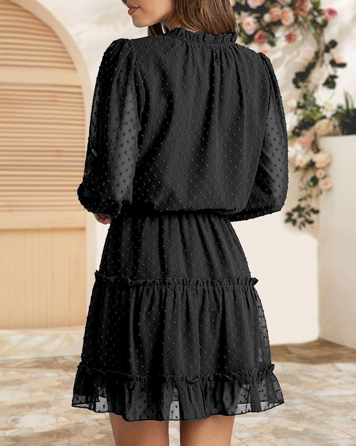 imageBTFBM Long Sleeve Fall Dresses for Women 2025 Summer Casual Tie Neck Ruffle Tiered A Line Wedding Guest Short Mini DressDot Black