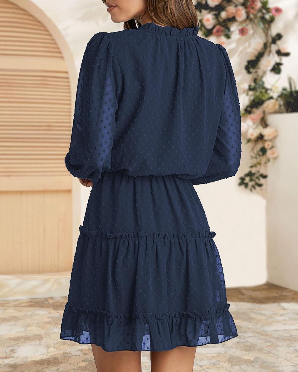 imageBTFBM Long Sleeve Fall Dresses for Women 2025 Summer Casual Tie Neck Ruffle Tiered A Line Wedding Guest Short Mini DressDot Navy