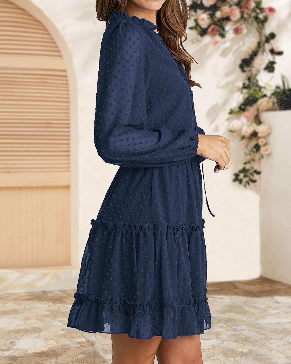 imageBTFBM Long Sleeve Fall Dresses for Women 2025 Summer Casual Tie Neck Ruffle Tiered A Line Wedding Guest Short Mini DressDot Navy