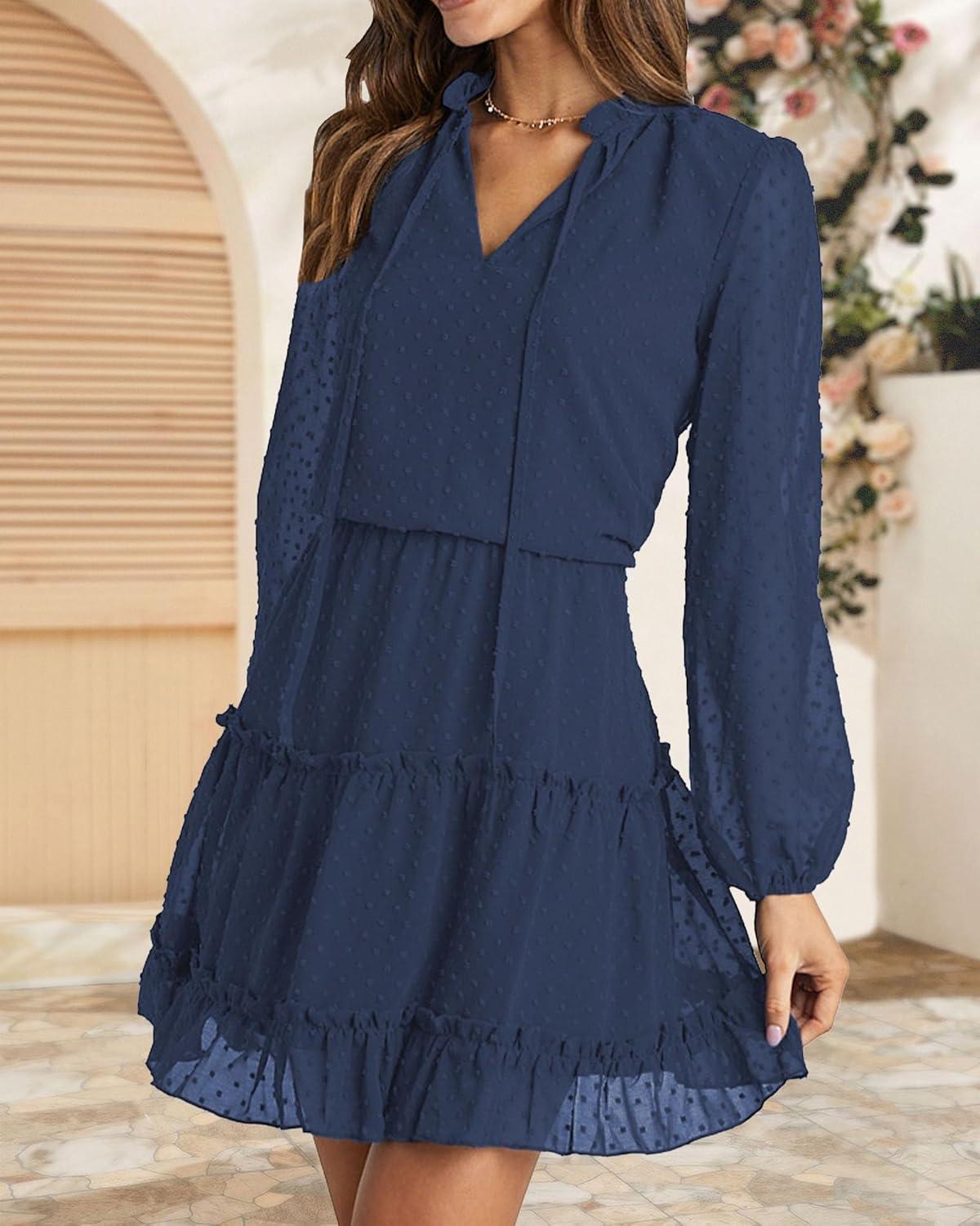 imageBTFBM Long Sleeve Fall Dresses for Women 2025 Summer Casual Tie Neck Ruffle Tiered A Line Wedding Guest Short Mini DressDot Navy