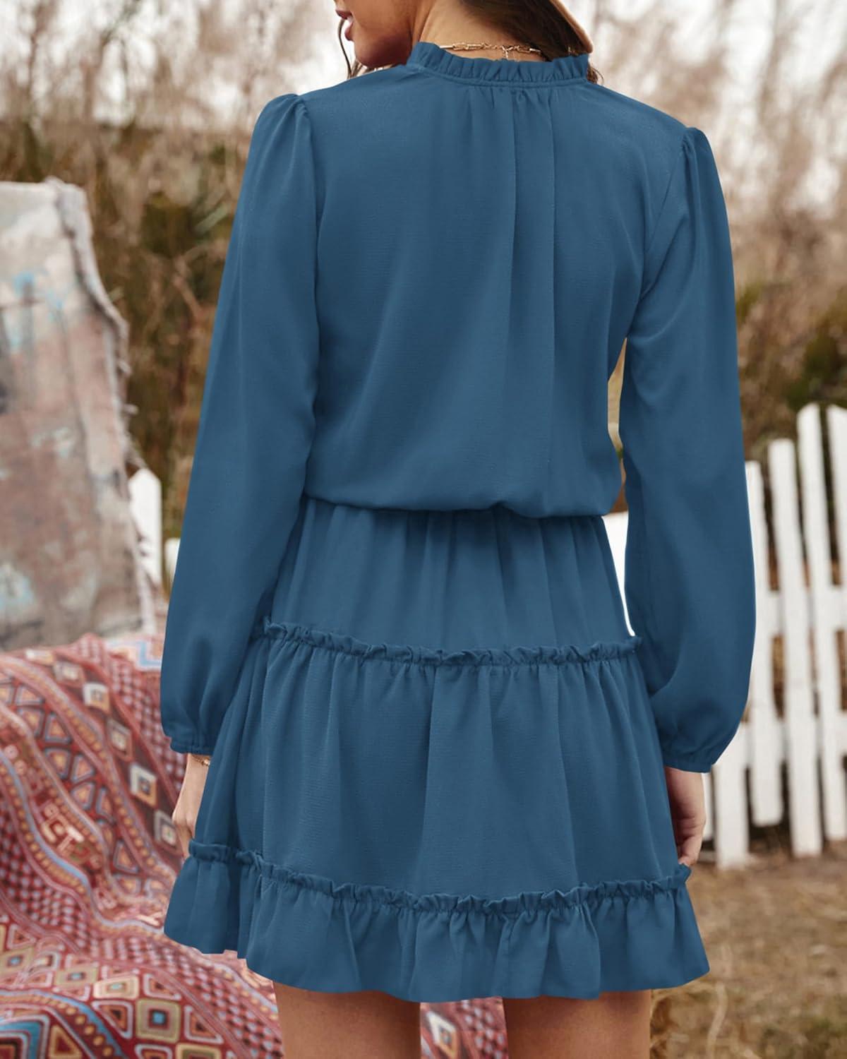 imageBTFBM Long Sleeve Fall Dresses for Women 2025 Summer Casual Tie Neck Ruffle Tiered A Line Wedding Guest Short Mini DressLong Sleeve Dark Blue
