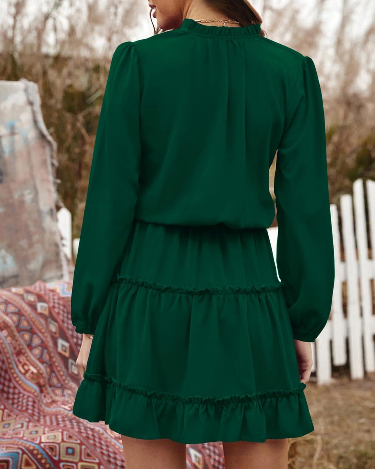 imageBTFBM Long Sleeve Fall Dresses for Women 2025 Summer Casual Tie Neck Ruffle Tiered A Line Wedding Guest Short Mini DressLong Sleeve Dark Green