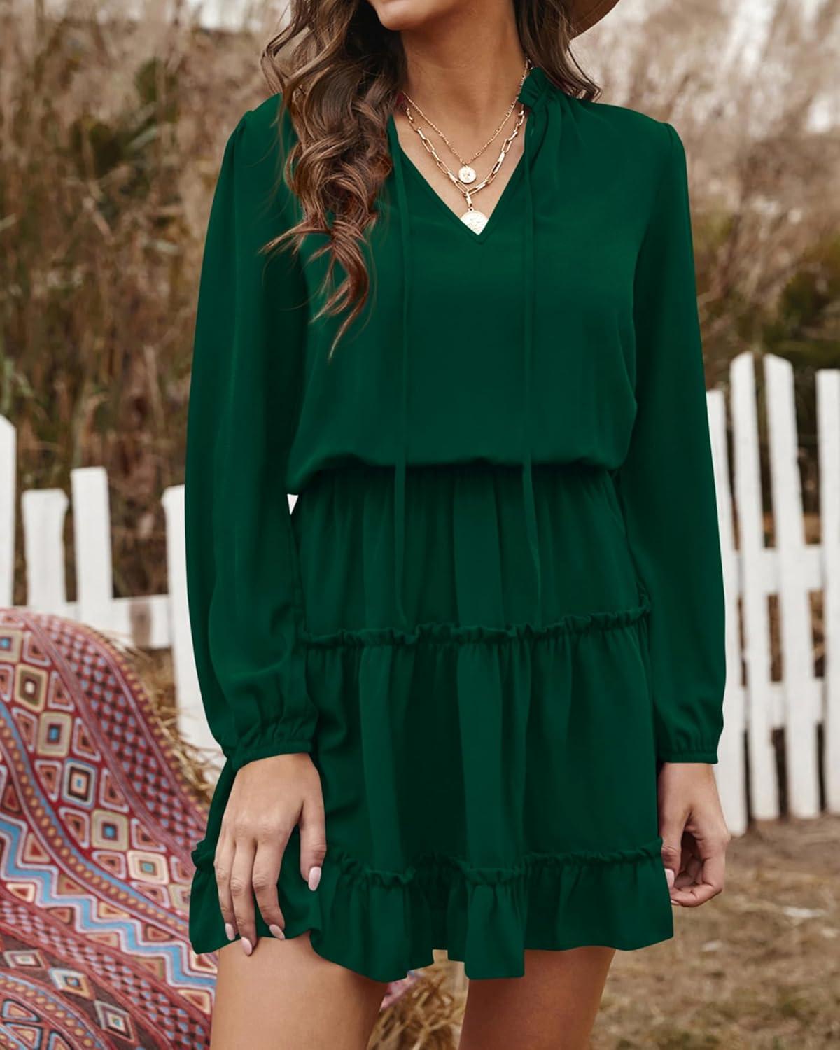 imageBTFBM Long Sleeve Fall Dresses for Women 2025 Summer Casual Tie Neck Ruffle Tiered A Line Wedding Guest Short Mini DressLong Sleeve Dark Green