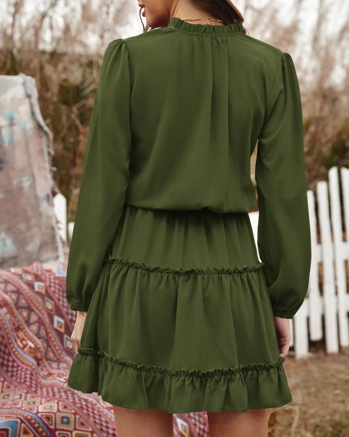 imageBTFBM Long Sleeve Fall Dresses for Women 2025 Summer Casual Tie Neck Ruffle Tiered A Line Wedding Guest Short Mini DressLong Sleeve Green
