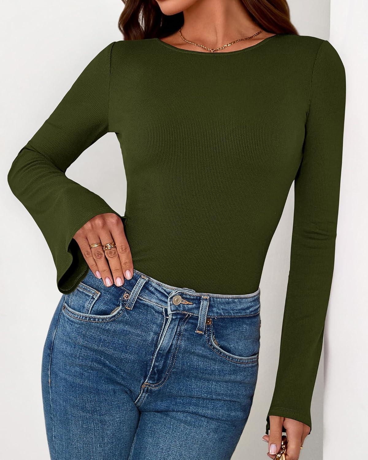 imageBTFBM Long Sleeve Shirts for Women 2026 Spring Y2K Clothes Casual Boat Neck Bell Sleeve Fitted Fall Going Out TopsArmy Green
