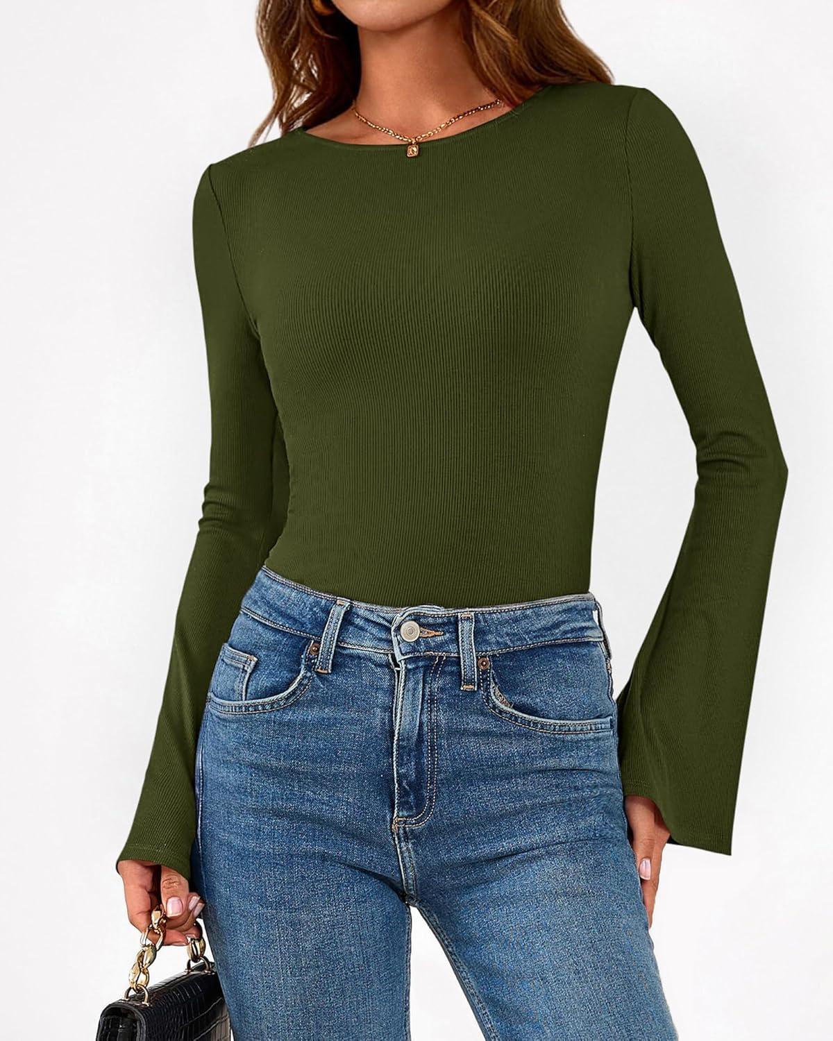 imageBTFBM Long Sleeve Shirts for Women 2026 Spring Y2K Clothes Casual Boat Neck Bell Sleeve Fitted Fall Going Out TopsArmy Green