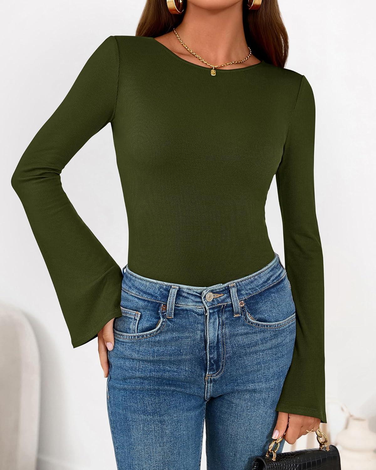imageBTFBM Long Sleeve Shirts for Women 2026 Spring Y2K Clothes Casual Boat Neck Bell Sleeve Fitted Fall Going Out TopsArmy Green