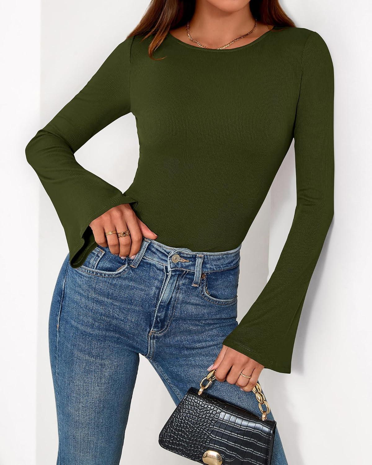 imageBTFBM Long Sleeve Shirts for Women 2026 Spring Y2K Clothes Casual Boat Neck Bell Sleeve Fitted Fall Going Out TopsArmy Green