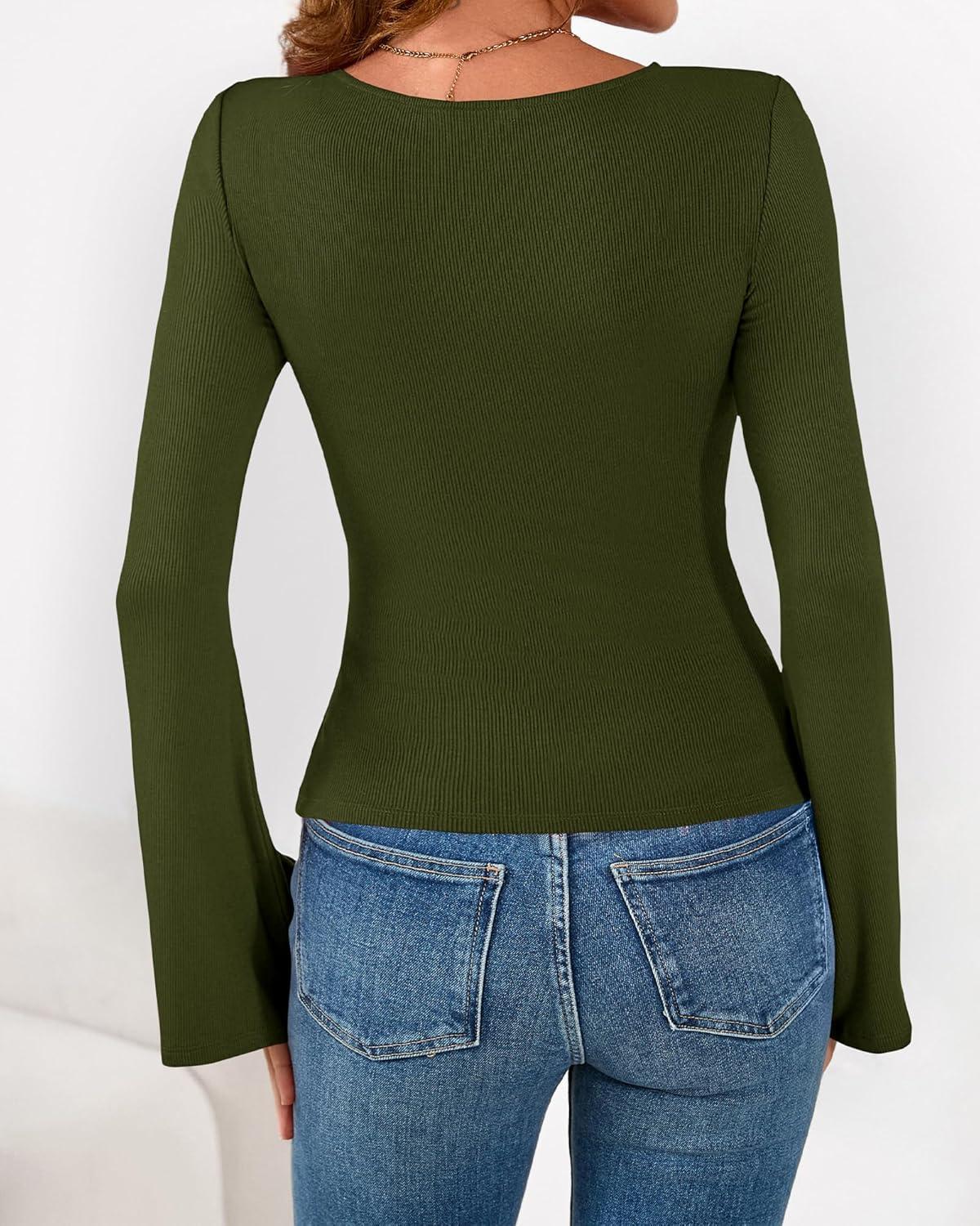 imageBTFBM Long Sleeve Shirts for Women 2026 Spring Y2K Clothes Casual Boat Neck Bell Sleeve Fitted Fall Going Out TopsArmy Green
