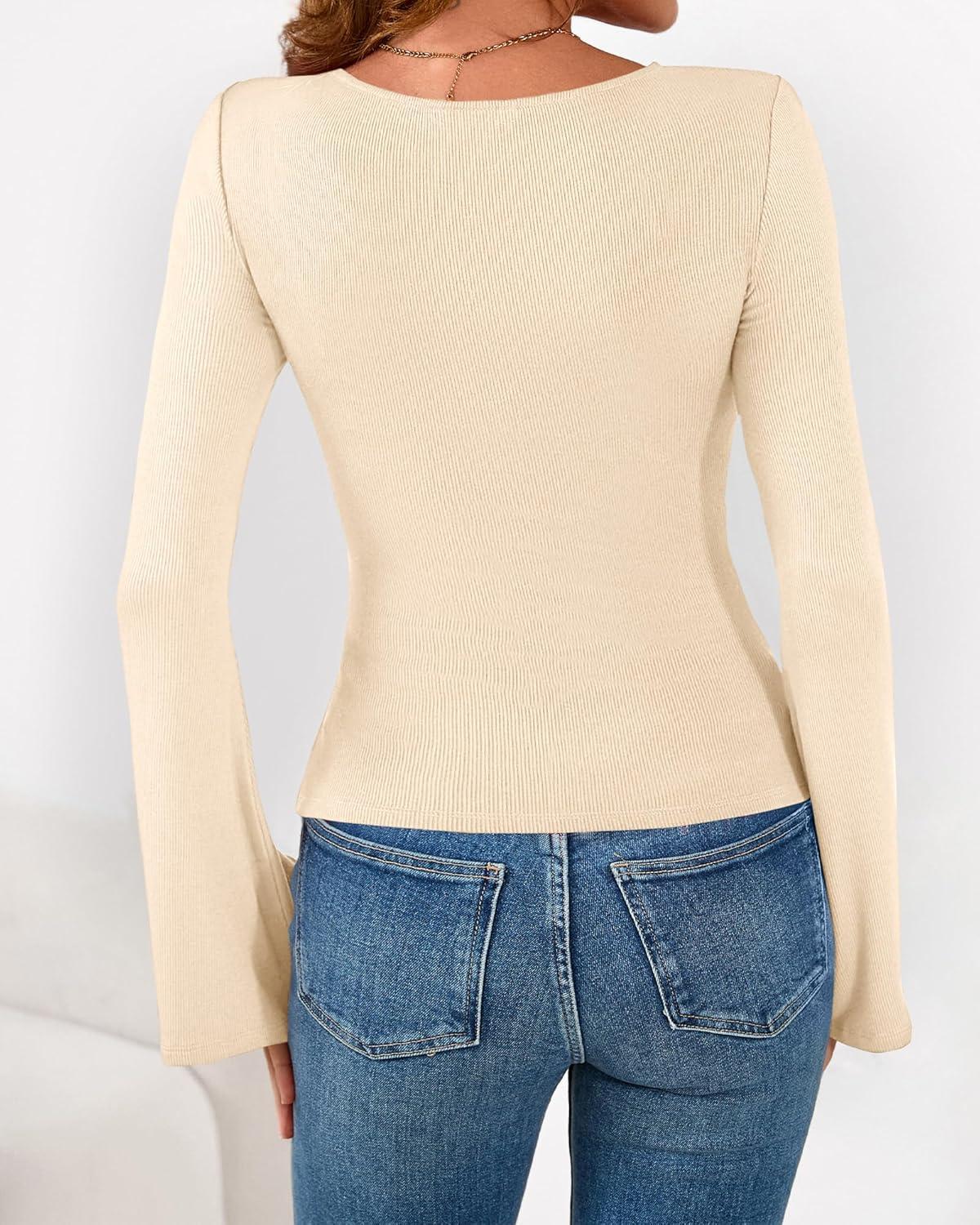 imageBTFBM Long Sleeve Shirts for Women 2026 Spring Y2K Clothes Casual Boat Neck Bell Sleeve Fitted Fall Going Out TopsBeige