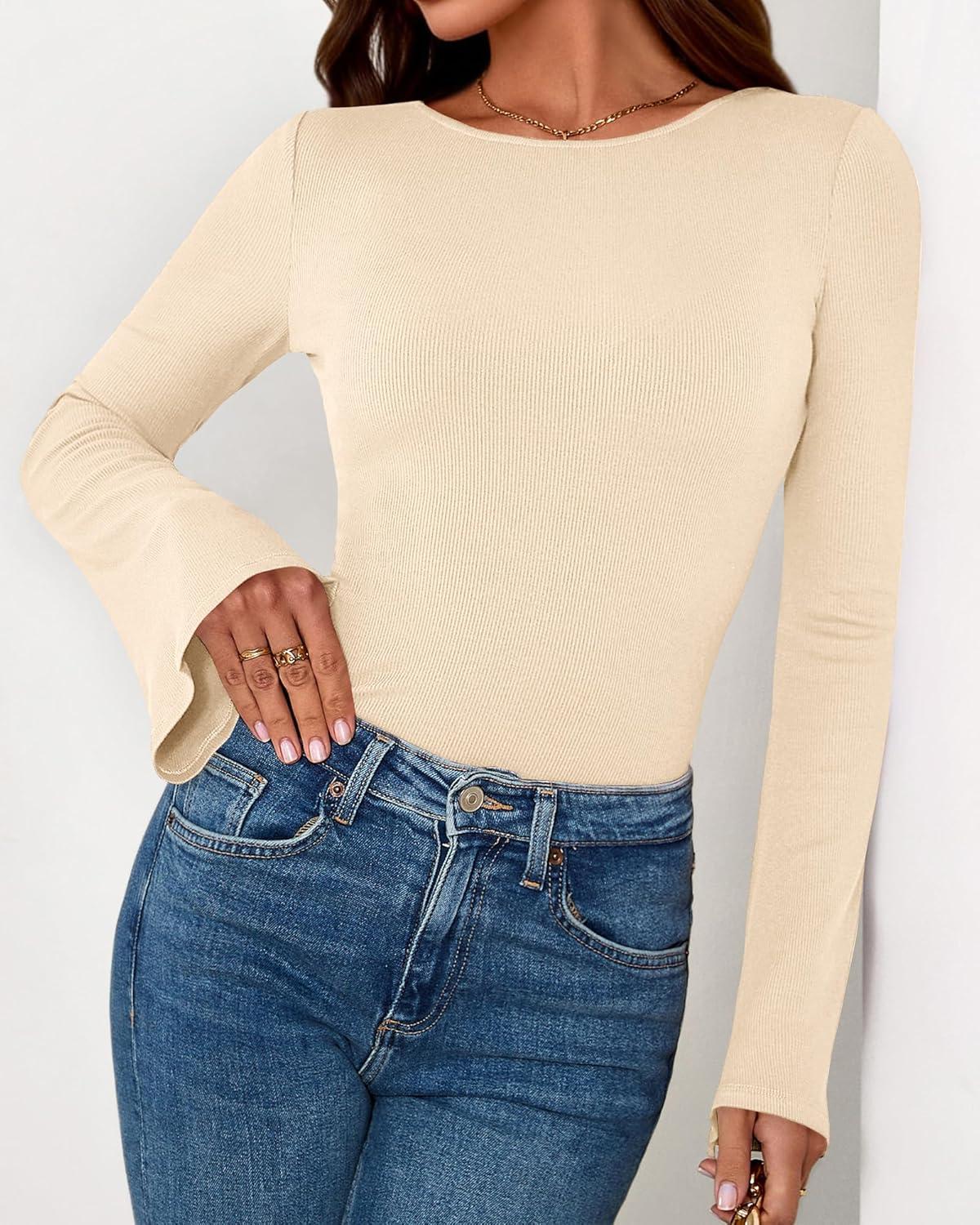 imageBTFBM Long Sleeve Shirts for Women 2026 Spring Y2K Clothes Casual Boat Neck Bell Sleeve Fitted Fall Going Out TopsBeige