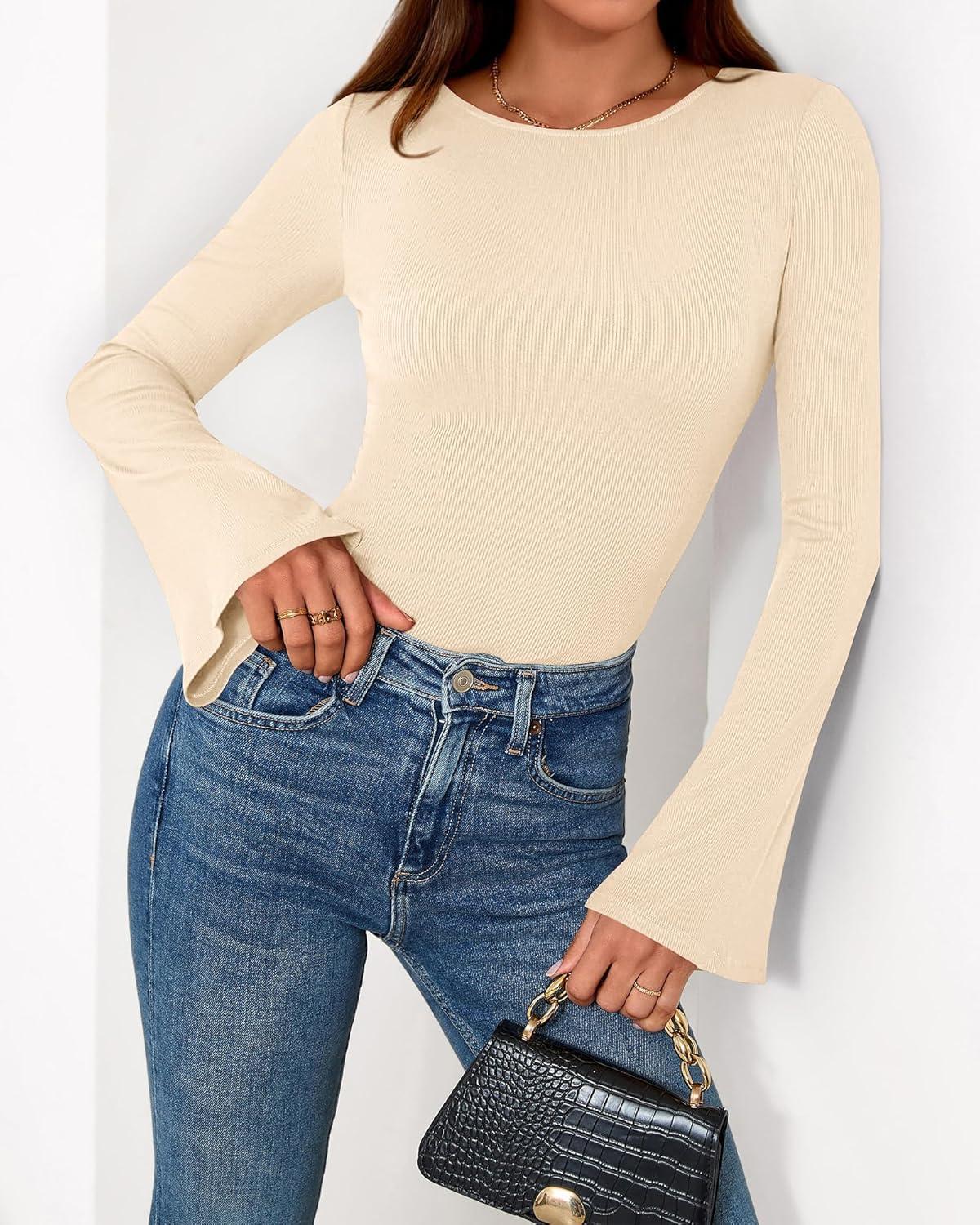 imageBTFBM Long Sleeve Shirts for Women 2026 Spring Y2K Clothes Casual Boat Neck Bell Sleeve Fitted Fall Going Out TopsBeige