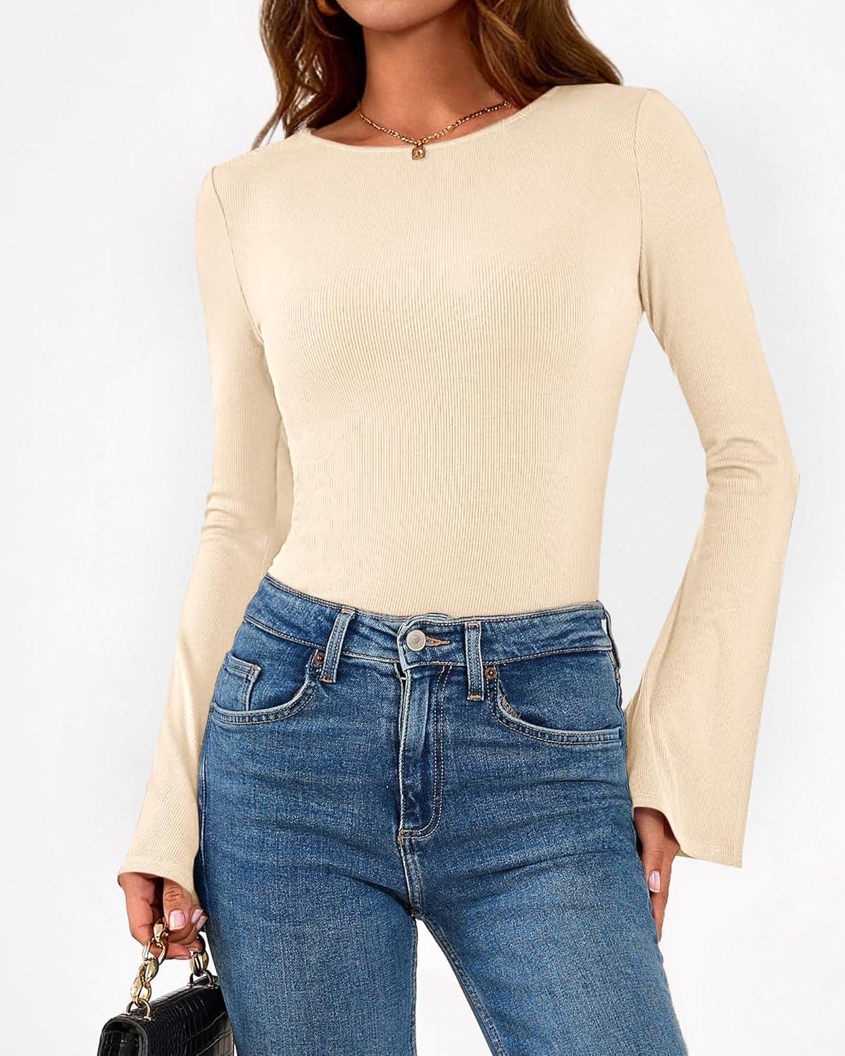imageBTFBM Long Sleeve Shirts for Women 2026 Spring Y2K Clothes Casual Boat Neck Bell Sleeve Fitted Fall Going Out TopsBeige