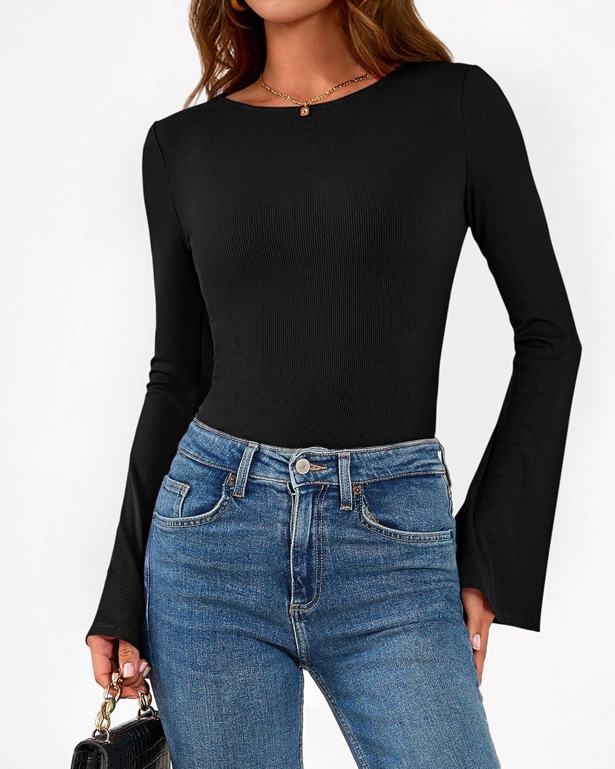 imageBTFBM Long Sleeve Shirts for Women 2026 Spring Y2K Clothes Casual Boat Neck Bell Sleeve Fitted Fall Going Out TopsBlack